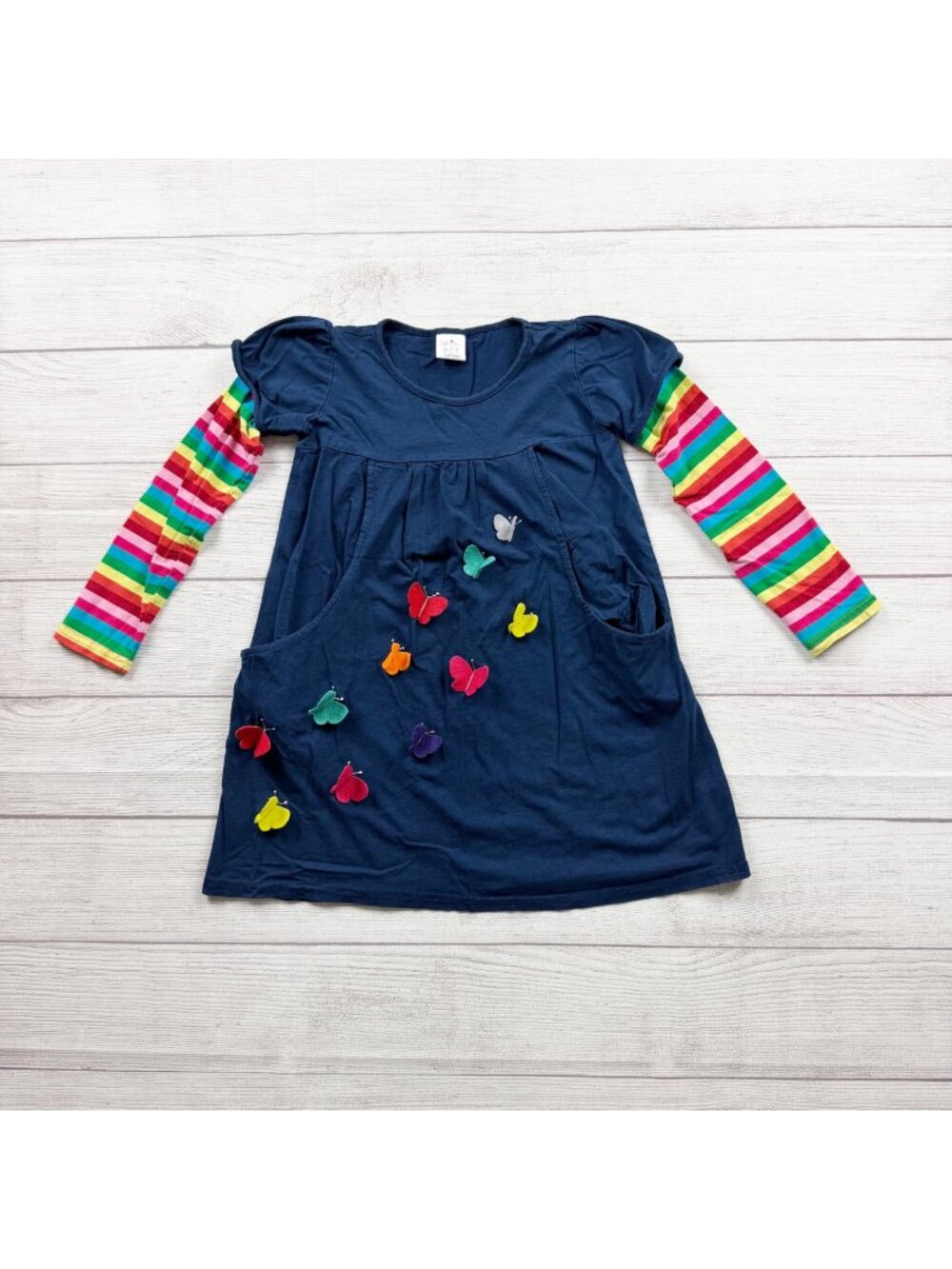 Navy Blue Girls Long Sleeve Dress Striped Sleeves Felt Butterfly Accents 6-7